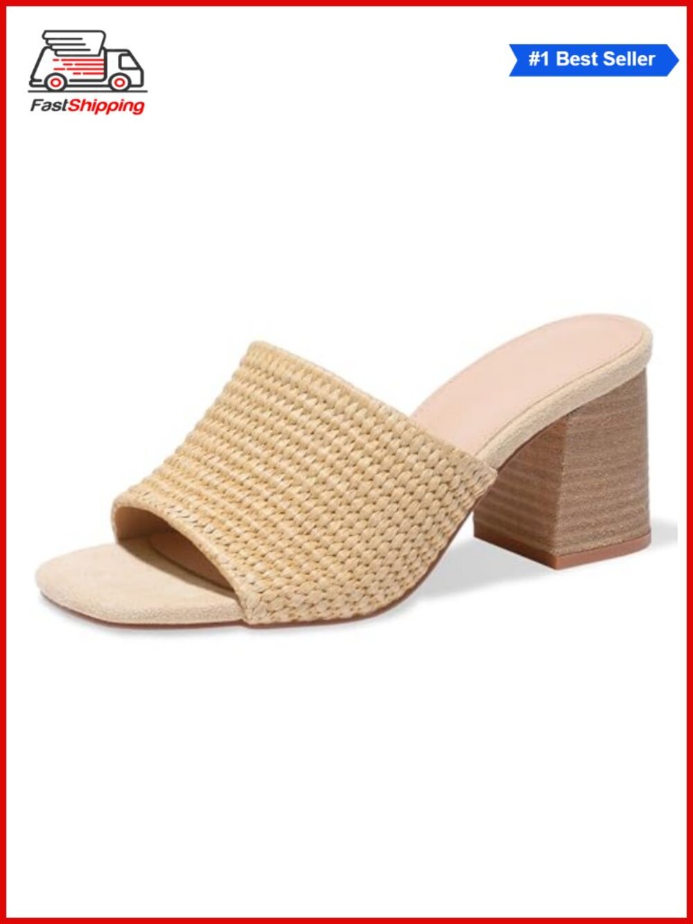 ✨ Heeled Sandals for Women Raffia Chunky Heels Square Toe Mules Block Summer